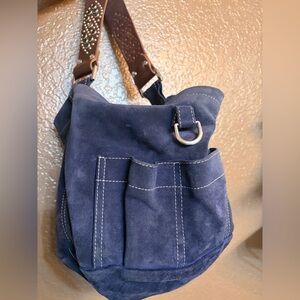 Tylie Malibu Navy Suede Shoulder Bag with Contrast Stitching